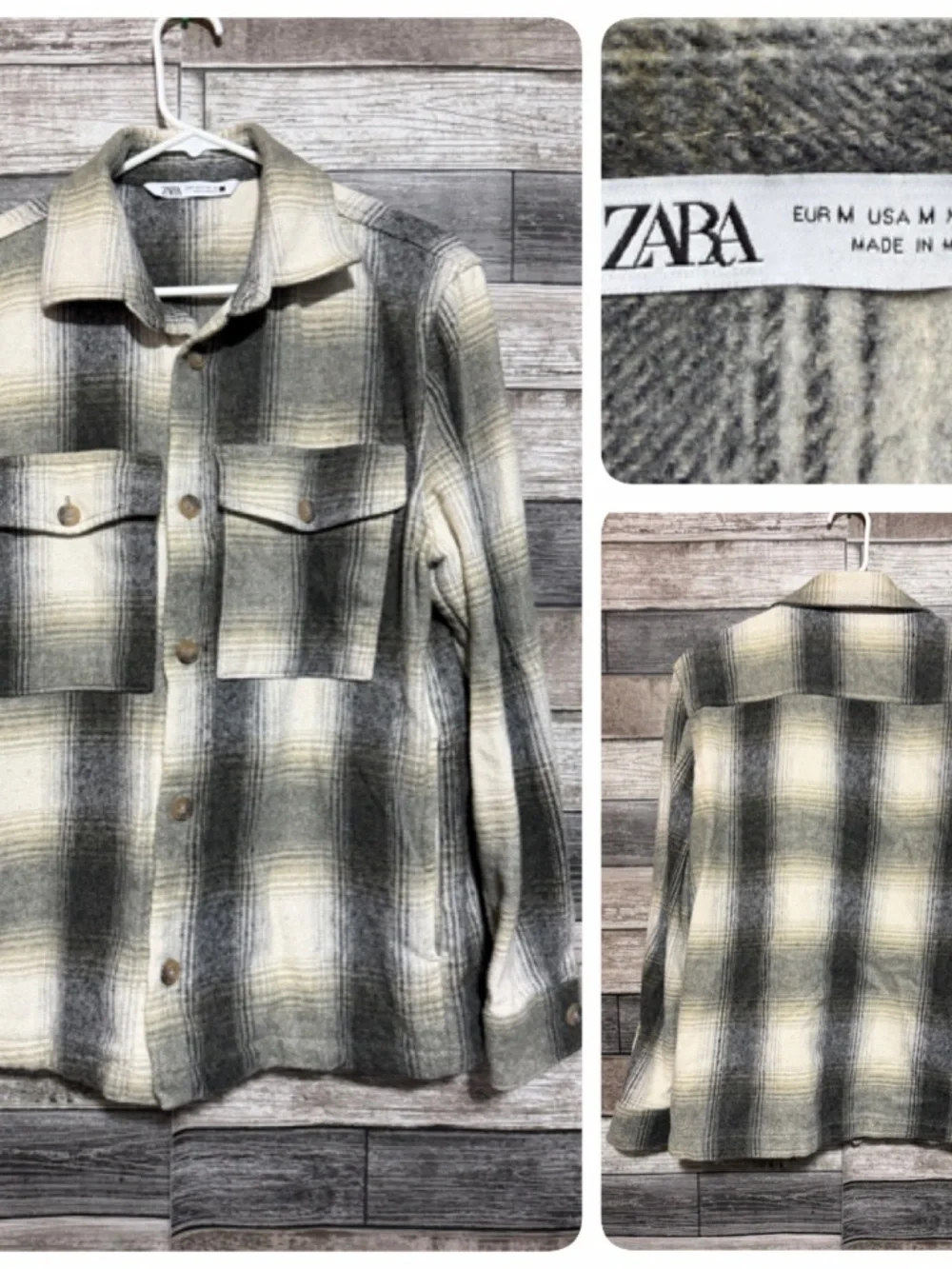 Zara Flannel Shirt Jacket Men’s M Plaid Button Front Pockets